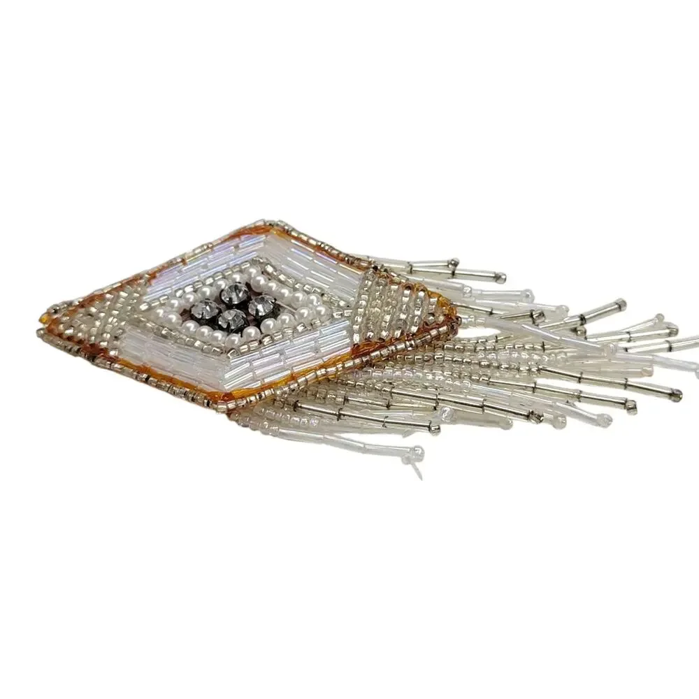 Vintage Beaded Diamond Fringe Applique Tassel Bridal Rhinestone Pearl Patch